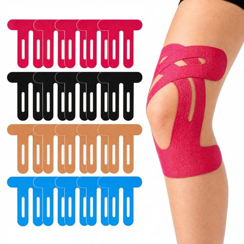 Kinesiotape Vorgeschnitten Set für Knie - 20 Streifen 4 Farben mit 10 Alkoholtupfern & Schere, Wasserfestes Baumwolle Sporttape Knee Tape für Gelenkstabilität und Regeneration für Läufer und Sportler