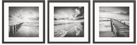 STYLER Bilder Set Windy Sea 3x 30x30 cm (AUFHÄNGFERTIG) mit schwarzem Holzrahmen – Schwarz Weiß Meer Wandbilder – Maritime Fotografie Poster Modern Minimalistisch