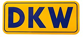 Replika Schriftzug (Folie) DKW klein - Hintergrund gelb und mit blauer Schrift DKW