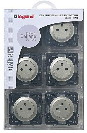 LEGRAND - Prise Electrique Murale avec Terre Céliane Surface - Prise Affleurante avec Socle Rétractable - Fabriqué En France - Titane - Lot de 6