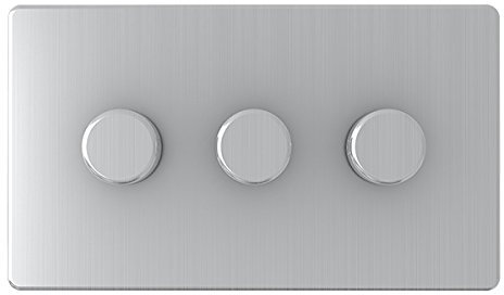 Satin Chrome Flat Screwless LED 3 Gang Dimmer 250W - Alliance Electrical 10 Amp Screwless Triple 3 Gang 2 Way 250W LED Light Dimmer Switch