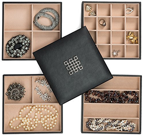 Glenor Co Schmuck-Organizer-Tablett – 4 stapelbare Tabletts und Deckel mit Spiegel – 27 Fächer für Schublade, Kommode – Schwarz