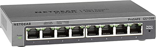 NETGEAR (GS108E) Switch Ethernet 8 Ports RJ45 Métal Gigabit (10/100/1000),Manageable Serie Plus Bureau ou Rackable, Métal, Silencieux , Protection ProSAFE, Garantie à Vie Parfait pour les PME et TPE
