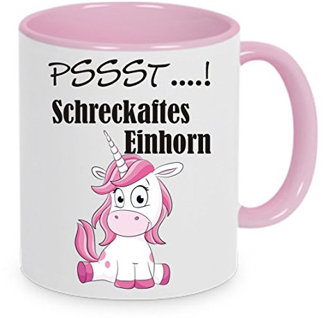 Psst... Schreckhaftes Einhorn Kaffeetasse mit Motiv, Tasse mit Druck, auch individuell mit Spruch, Foto, Wunschtext, Wunschname (Rosa)