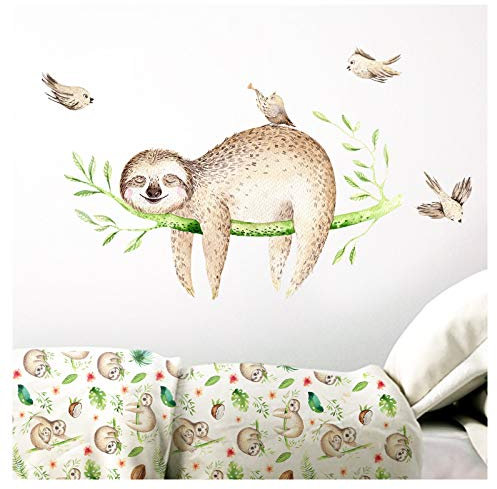 Little Deco Wandaufkleber Kinderzimmer Faultier auf AST & Vögel I 134 x 62 cm (BxH) I Wandsticker Wandbilder Kinder Wandtattoo Babyzimmer Junge DL206-24