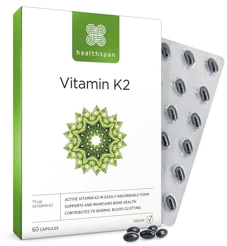 Healthspan Vitamin K2 75µg (60 Capsules) | for Bone and Blood Health | Contains 75 µg Vitamin K2 | Using a Pure, Active Form Called MK-7 | Supports Normal Blood clotting | Vegan