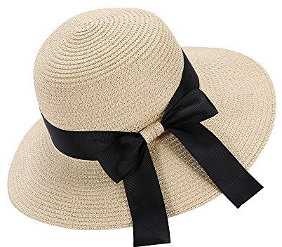 Chapter Seven Women's Sun Hat Floppy Foldable Bowknot Straw Hat Summer Beach Cap UV Protection UPF50 (Beige)