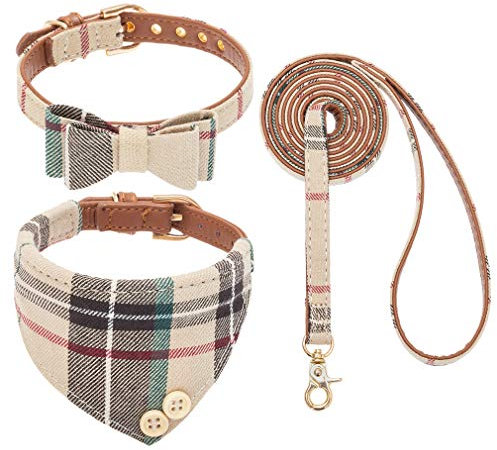 EXPAWLORER Hundehalsband mit Leine - Einstellbarer Hundehalsband mit Tuch und Fliege, haltbarer weicher Hundeleine, moderner Halsband und Leine Set Hund für kleine mittelgroße Hunde, Beige M