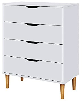 Panana Chest of Drawers, Wood 4 Drawers Cabinet Storage Organiser Unit with Wooden Legs for Living Room Bedroom Hallway (White)