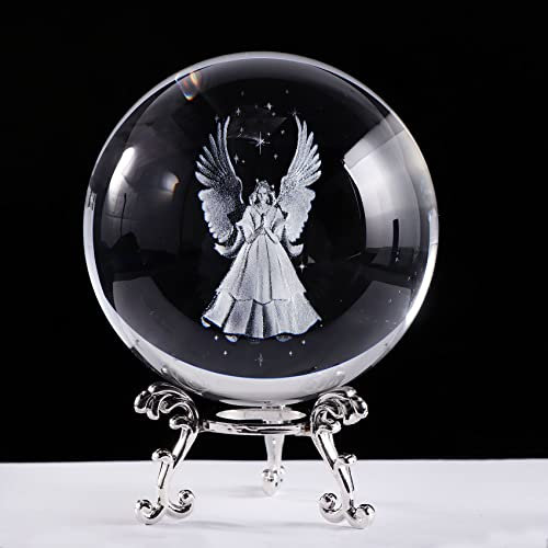 Ornalrist Figuras de ángel de la Guarda 3D grabadas de 8 cm, Bola de Cristal con Soporte Plateado, Regalo conmemorativo para Personas Especiales, decoración de ángel para el hogar (3.15 Pulgadas)