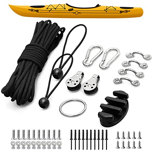 Kajak-Anker-Trolley-Set, Anker, Zauberer, Kajak, LeverLock-Ankerwagen, Ankersystem für Kajak, Kanus, Boot usw., Seilklampe, Karabiner, Riemenscheibe, Ankerringpolster, Augen, 9 m, Paracord, mit