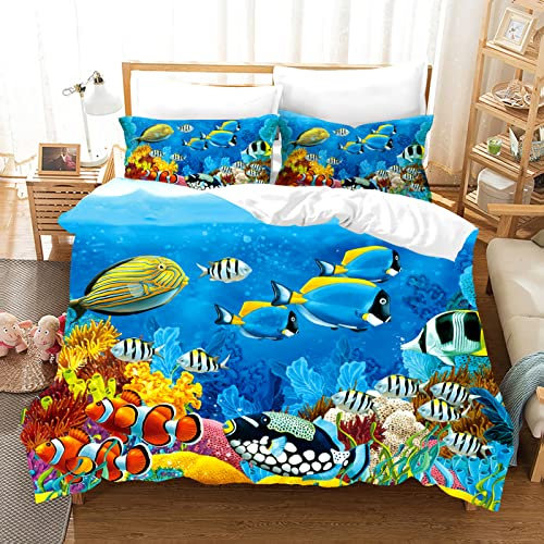 JZZFBW Bettwäsche 200x200cm Fisch Koralle Pflegeleicht BettwäSche-Set Mit ReißVerschluss Und 2 Mal 80x80cm Kissenbezug