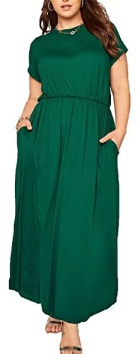 Robe longue à manches courtes et col rond avec poches latérales pour femme, vert bouteille, 44-46