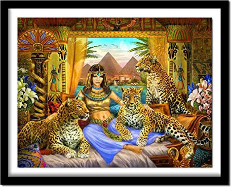 5D Diamond Painting Set,Ägypten-Königin-Leopard Diamant Painting Bilder Kit DIY Erwachsene Stickerei Kreuzstich Voll Strass Kristall Diamant Kunst Handwerk für Home Wand-Decor Round Drill,80x100cm