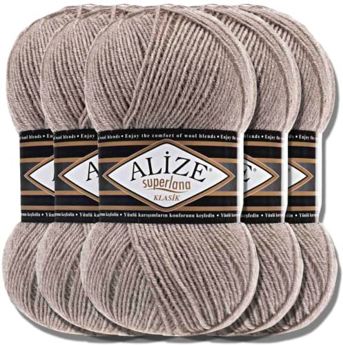 Hobby YARN Alize Superlana Klasik 5 x 100 g Türkische Premium Wolle Baumwolle und Acryl Uni Handstrickgarne Yarn Garn Strickgarn Baby zum Stricken Strickgarn (Light Brown Melange | 207)