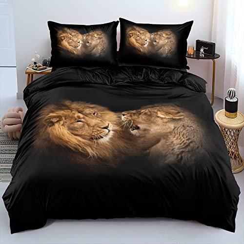 DXHOME Bettwäsche 155x220 3D Effekt Löwe Tiermotiv Bettzeug Weich Hochwertig Schwarz Braun Mikrofaser Bettwäsche 3 teilig für Jugendliche Teenager Kinder mit Reißverschluss und 2 Kissenbezüge 80x80 cm