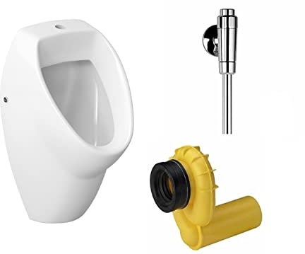 VBChome Set Urinal + Spülventil Zulauf von Oben Weiß Modern Hochwertig Keramik Pinkelbecken Pissoir Wandurinal Wandpissoir Urinalspüler Druckspüler + Schellomat + Siphon Viega