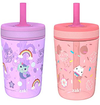 Zak Designs Gabby's Dollhouse Kelso Toddler Cups for Travel or at Home, 15oz 2-Pack Durable Plastic Sippy Cups with Leak-Proof Design is Perfect for Kids (Cakey Cat, Mercat)