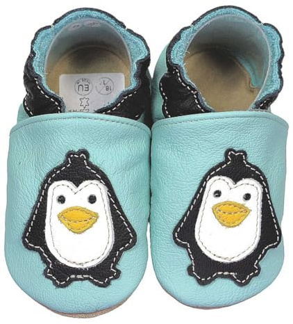 HOBEA-Germany Krabbelschuhe für Jungs und Mädchen in verschiedenen Designs, Kinderhausschuhe, Lederschuhe, Schuhgröße:22/23, Modell Schuhe: Pinguin hellblau