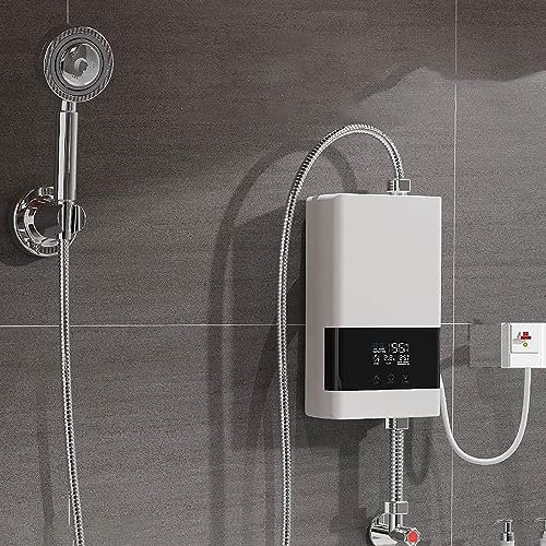 Instant Water Heater,6000W Tankless Electric Heater with Remote Control 220V Constant Temperature Electric Water Heater with Digital Display for Kitchen Bathroom Washing (Vertical Style, White)