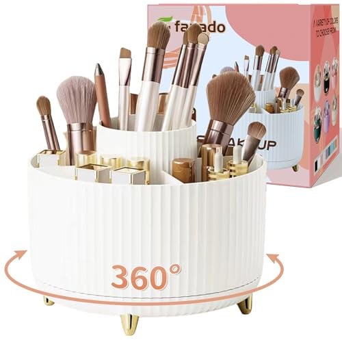 360 Rotate Makeup Brush Holder Organizer, Modern and Stylish Makeup Organizers Countertop, 5 Compartment Skincare Storage for Vanity, Desktop, Bathroom (White-2)
