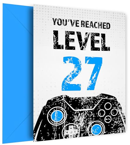 Geburtstagskarte zum 27. Geburtstag für Männer, Schwarz & Blau, Erreicht Stufe 27 Geburtstagskarten für Sohn, Enkel, Neffe oder Bruder. Gaming Happy Birthday Karte für 27 Jahre alten Mann