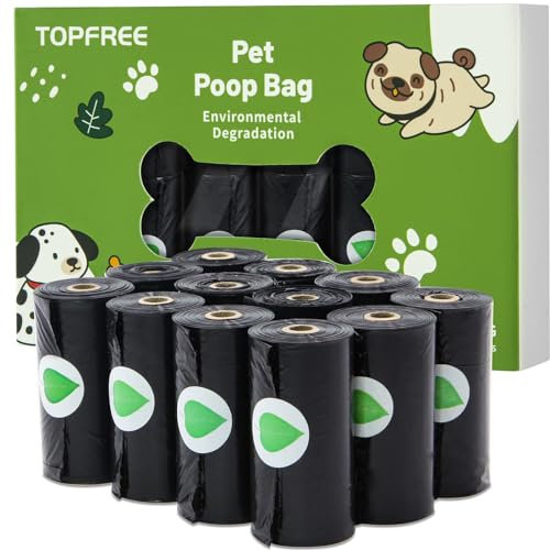 Topfree Biologisch abbaubare dickere Hundekotbeutel mit Spender 180 Hundekotbeutel dick stark aus Maisstärke auf Pflanzenbasis (Schwarz)