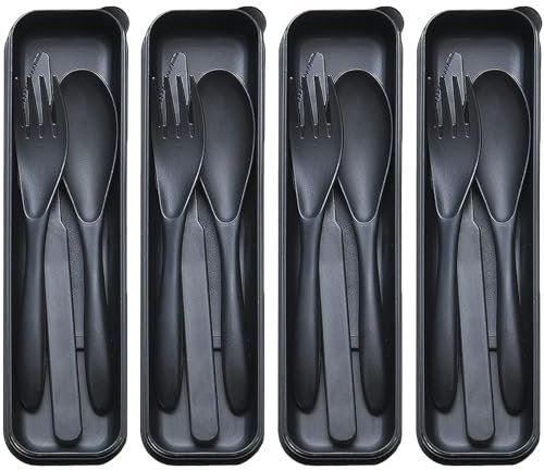 Reusable Travel Utensils Set with Case, 4 Sets Portable Plastic Knife Fork Spoon Cutlery Set for Office, School, Travel, Camping, Picnic (Black)