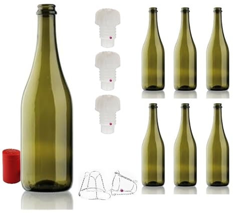 BOTTIGLIA EMILIANA PER VINO E SPUMANTE PROSECCO 750 ML CON PREDISPOSIZIONE TAPPO CORONA COLORE UVAG + Tappi alettati e gabbiette - BOTTIGLIA VUOTA PER VINI PREGIATI - TAPPI CORONA SUGHERO E PLASTICA
