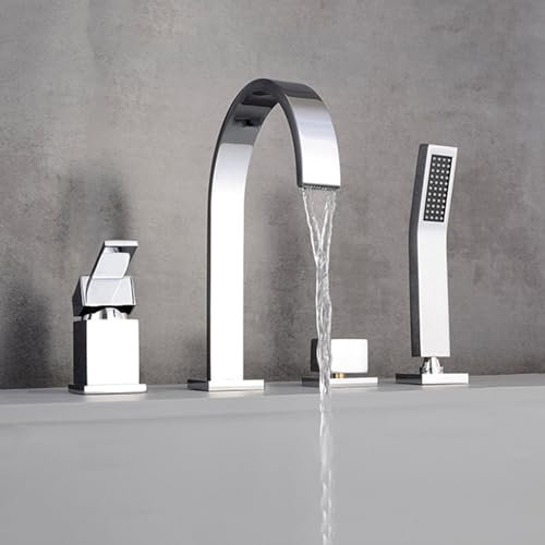XJTNLB Robinet Douche Baignoire Chrome Mitigeur Bord de Baignoire 4 Trous, Mitigeur Monocommande avec Douchette Extensible