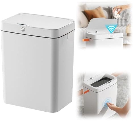 Cubo de basura con sensor, 15 l, automático, con sensor inteligente, cubo de basura con tapa, color blanco, sin ruido, resistente al agua, para cocina, baño, oficina
