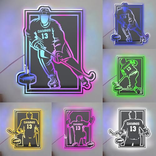 WILINNI Personalisiertes Eishockeyspieler-Namensspiegellicht, Spiegel-Acryl-Neonschild, Individuelle Namensnummer, Led Licht Personalisiert Geschenk Für Sportliebhaber, Weihnachtsgeburtstag (Stil 3)