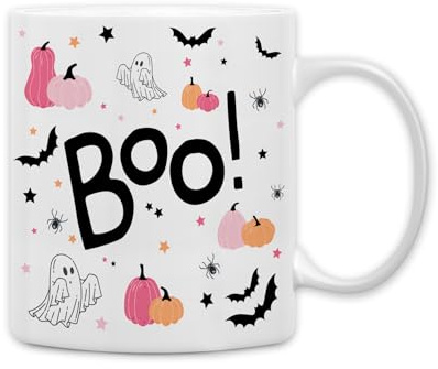 QASHWEY Pink Halloween Ghost Mug, Halloween Coffee Mug, Pink Pumpkin Coffee Mug, Halloween Themed Mug Tea Cup Gifts for Women Girls Friends, Pink Boo Pumpkin Ghost Halloween Coffee Cups Ceramic 11oz