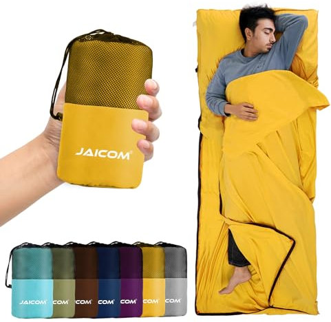 JAICOM Hüttenschlafsack, Ultraleichter Seideschlafsack für Reise, 2in1 Hüttenschlafsack, Bequemer und Weicher Schlafsack kleines Packmaß aus Mikrofaser, Ideal für Rucksackreise, Hotels (Golden)
