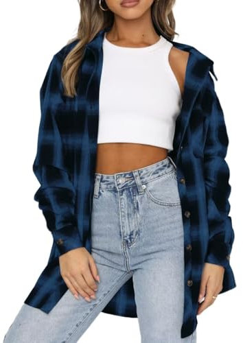 LACOZY Womens Long Sleeve Checked Flannel Shirt Mid-Long Button Down Blouse Shirts with Pockets Blue XL