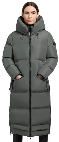 khujo Damen Wintermantel warmer Steppmantel lang mit hohen Gehschlitzen und Kapuze Aroma-YM Kelp Green Gr. XL