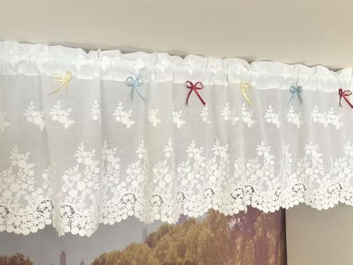 Vordesack Baumwolle Scheibengardine mit Loch-und 3D Blumenstickeirei und Schleifen Landhausstil Bistrogardine mit Stangendurchzug 1 Stück Weiß HxB 45x90cm