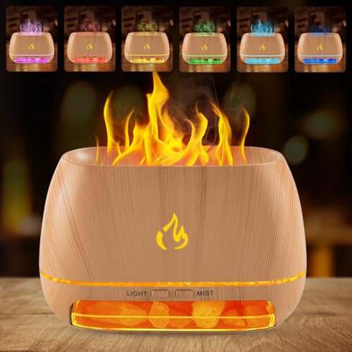 2-in-1 Flammen Aroma Diffuser & Salt Range, 7-Farben-Licht Diffuser Ätherische Öle, Luftbefeuchter Diffuser mit Automatischem Farbwechsel & Timing, Vulkan Diffuser für Raum Büro Yoga Spa (Holz)