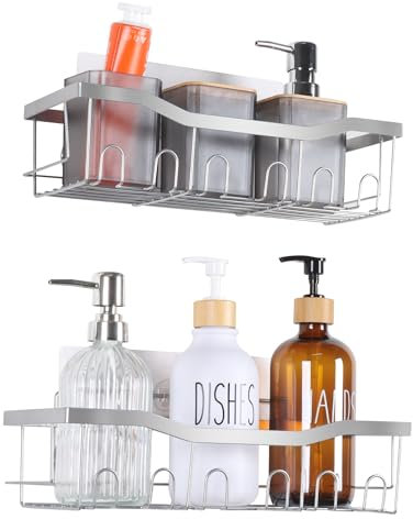 FEILANDUO Shower Caddy, Bathroom Shelf Organiser No Drilling, Self Adhesive Shower Storage Rack, Rust-Free Wall Mounted Shower Shelf for Bathroom, Kitchen, Countertop (Silver, 2 Pack)