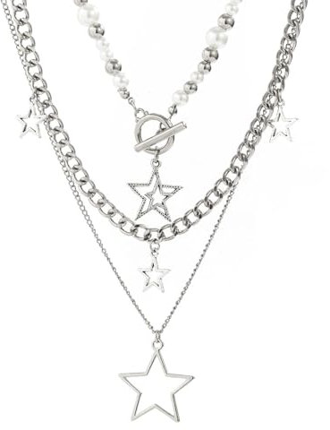 BelleVive 3-teiliges Y2k-Stern-Silberhalsketten-Set, Grunge-Mehrfachhalskette, Kawaii-Stern-Mehrfachhalskette, süße ästhetische Stapel-Knebelketten-Halsketten, Gothic-Vintage-Emo-Schmuckset