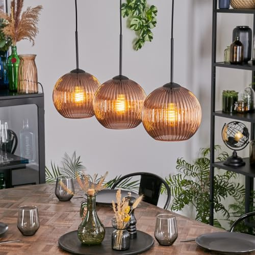 HOFSTEIN Hängeleuchte Koyoto, 3-flammige Hängelampe aus Metall/Riffelglas in Schwarz/Kupferfarben, moderne Pendelleuchte im Retro/Vintage-Design, Schirme Ø 20 cm, E27, Esszimmer, Wohnzimmer, Küche