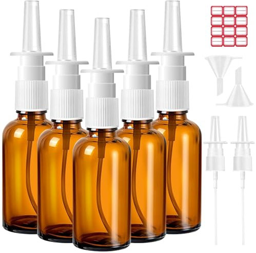 5 Stück Nasenspray Flasche Leer, 30ml Glas Nasensprayflasche, Nasen Sprühflaschen, Wiederverwendbar Nasensprayflasche mit Düsen, Trichter, Etiketten für Parfüm, ätherische Öle, Kochsalzlösung