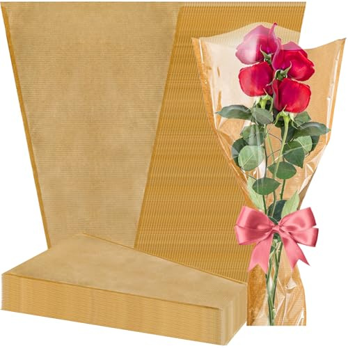 yarlung 100 Pack Flower Bags for Bouquets, 45.7x24x8.9cm Kraft Clear Wrapping Paper Gift for Mother's Day, Flower Wrapping Bags Sleeves for Valentine's Day, Birthday Wedding Graduation