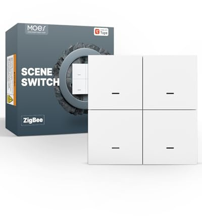 MOES Zigbee Schalter 4 Tasten (Zigbee Gateway Erforderlich), Kabelloser Smart Home 12 Szenenschalter für Tuya Geräte, Tragbarer Zigbee Button und Taster, Kompatibel mit Tuya & Smart Life App, Weiß