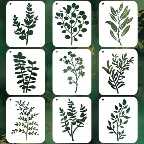 9-Pack Flower Stencils Eucalyptus Leaf Stencil Kit Letter Stencils Flower Stencil Templates for Botanical Home Decor DIY Art Templates for DIY Scrapbooking Painting Drawing Craft Accessories