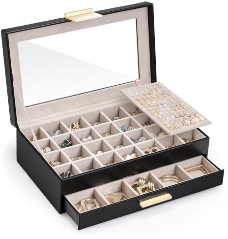 Lolalet Ohrring Aufbewahrungsbox 2 Ebenen Schmuckkästchen -Schwarz | Schmuckschatulle mit Glasdeckel und getrennten Fächern zur übersichtlichen Schmuckaufbewahrung