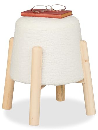 Relaxdays Sitzhocker, Teddyfell, Holzbeine, HxD: 40 x 30 cm, Wohnzimmer, Schlafzimmer, runder Polsterhocker, weiß/Natur