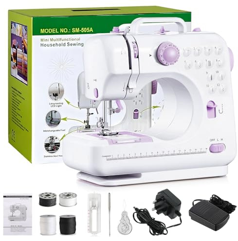 Mini Sewing Machine for Beginner, Portable Electric Sewing Machines, Small Home Sewing Machine with LED Light, 12 Built-in Stitch Patterns with UK Plug, 2 Speed with Foot Pedal, Household Stitch Tool