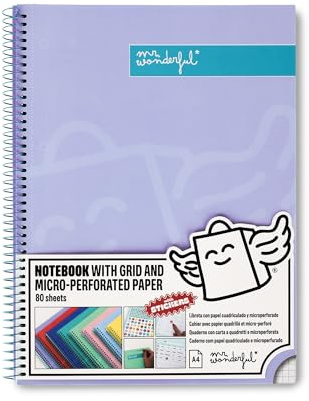 Mr. Wonderful - Libreta A4 Lila - Hojas de Cuadrícula y Microperforadas - 80 páginas - Tapa Extradura - Encuadrenación en Espiral - Incluye pegatinas