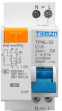 LDXMJZOT Disjoncteur à Courant résiduel 230V 1P + N avec Protection Contre Les fuites de Courant et de Court-Circuit MCB(TPNL 16A)